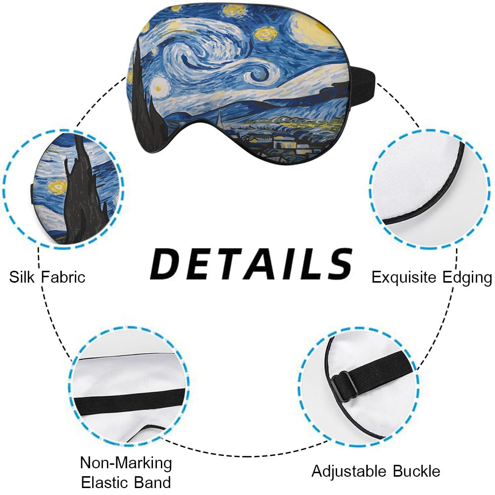 NOHSHE Starry Sky Sleep Eye Mask Eye Cover Van Gogh Night Sky Moon Tree Village Silk Eye Mask for Sleeping with Adjustable Strap