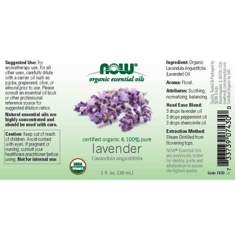 NOW Essential Oils, Organic Lavender Oil, Soothing Aromatherapy Scent, Steam Distilled, 100% Pure, Vegan, Child Resistant Cap, 1