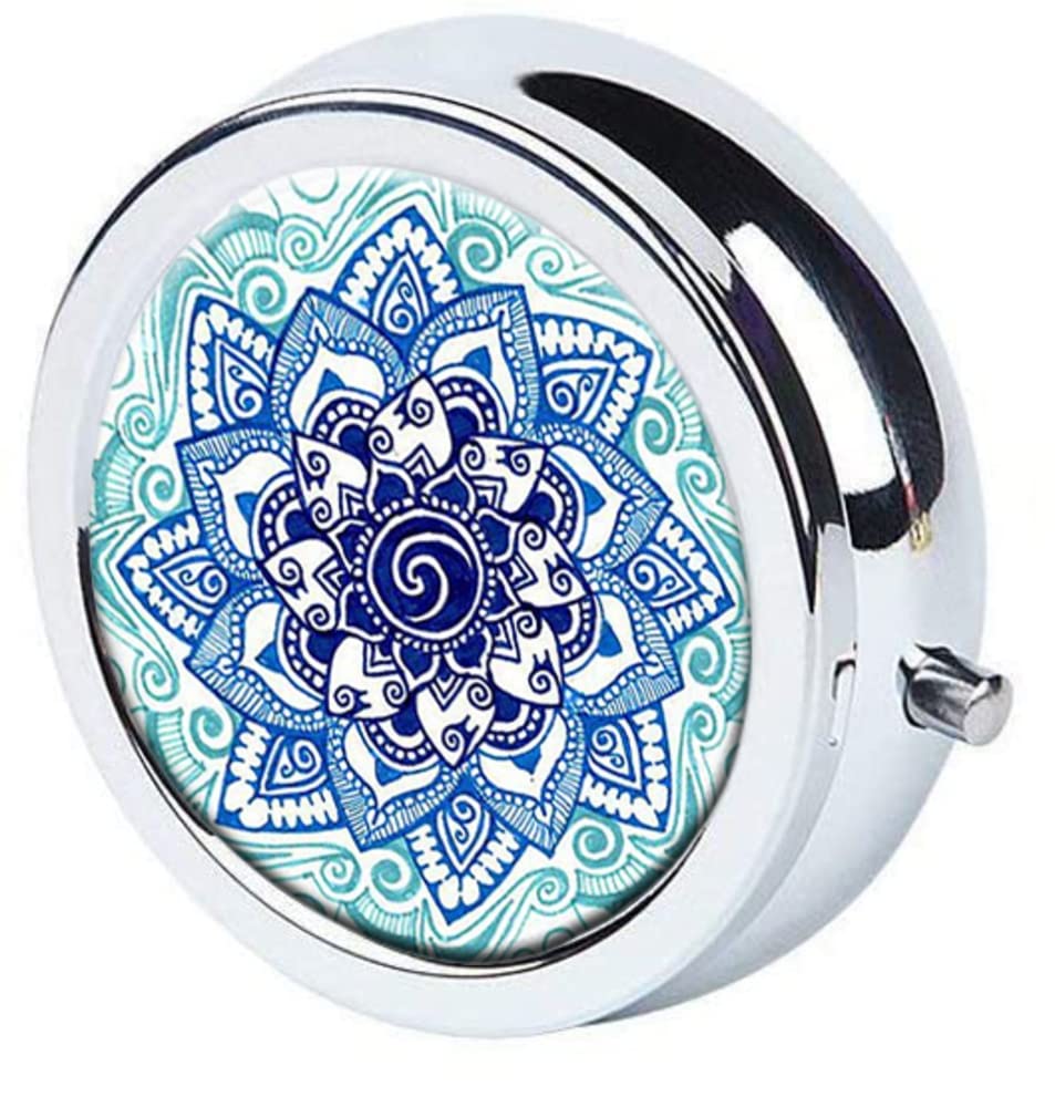 Blue Marble Pill Box Purse Pocket Small Round Silver Pill Case Decorative Box Metal Medicine Vitamin Pill Organizer Portable Uni
