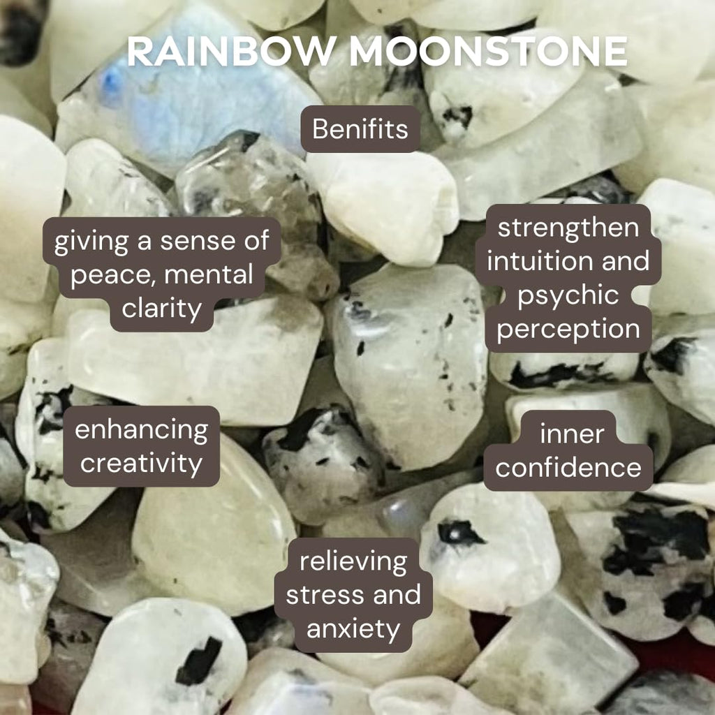 Indian Consigners Natural Crushed Polished Tumbled Gem Stone Chips, Decoration & Healing Crystals (Rainbow Moonstone)