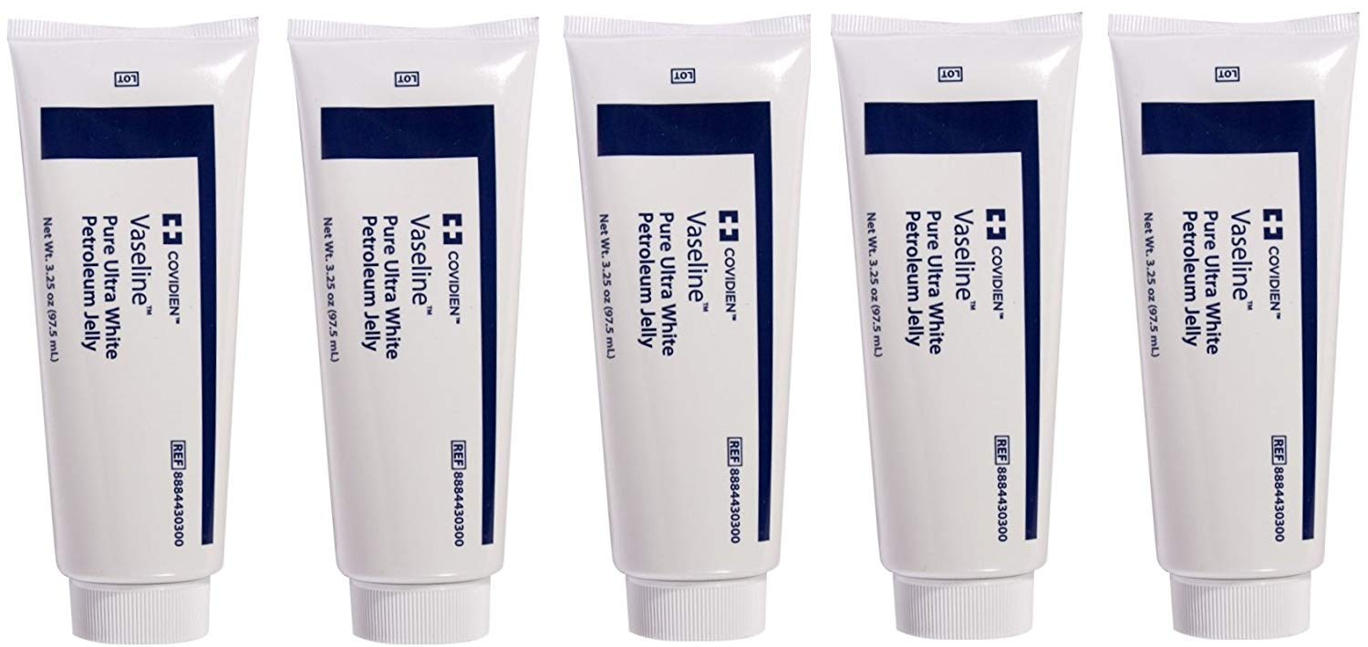 5 Pack Medical Grade Vaseline Pure Ultra White Petroleum Jelly, 3.25 oz (97.5 mL) Tubes ONLY by Kendall/Covidien