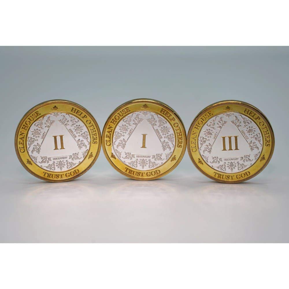 Silver & Gold 1-50 Years Alcoholics Anonymous Medallion AA Coin Capsule Included