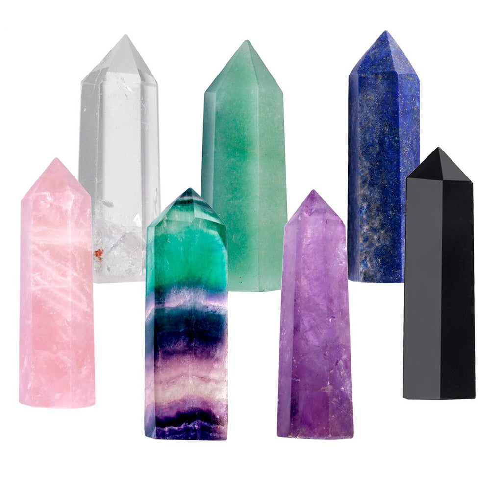 mookaitedecor 7 PCS Healing Crystal Wands 2 '' Amethyst, Rock Quartz, Rose Quartz, Black Obsidian, Lapis Lazuli, Green Aventurin