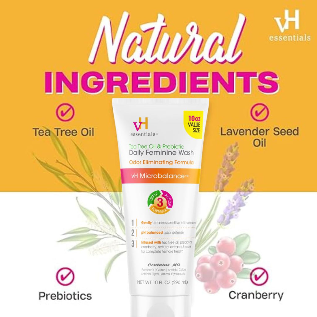 vH essentials Daily Feminine Wash - 10 Fl Oz - Odor Eliminating Vaginal Wash with Tea Tree Oil, Prebiotics and Cranberry, gentle