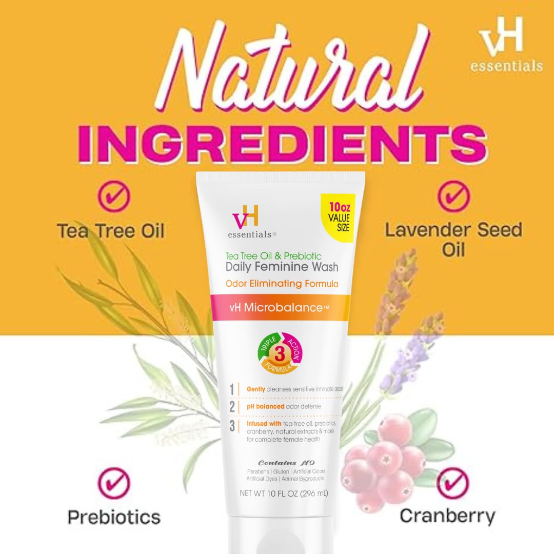 vH essentials Daily Feminine Wash - 10 Fl Oz - Odor Eliminating Vaginal Wash with Tea Tree Oil, Prebiotics and Cranberry, gentle