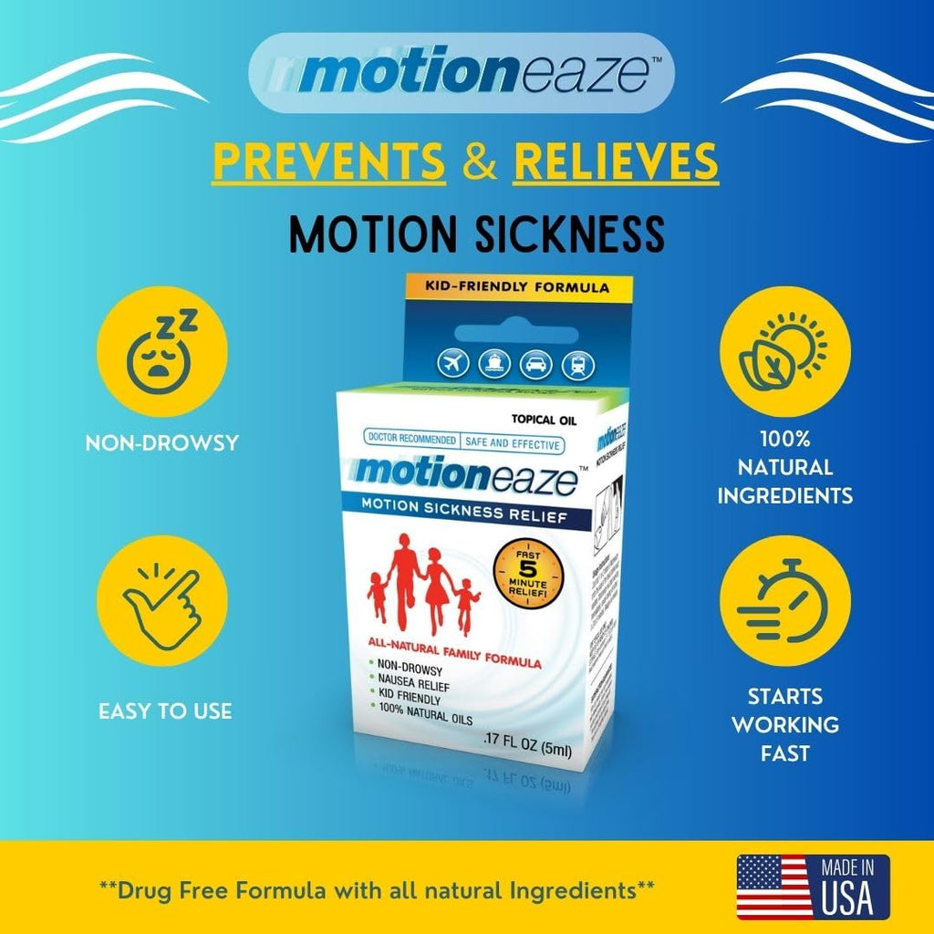 MotionEaze Non-Drowsy Motion Sickness Relief - All Natural Drug Free Formula - Made in The USA - 5ml Bottle - Fast Relief for Mo