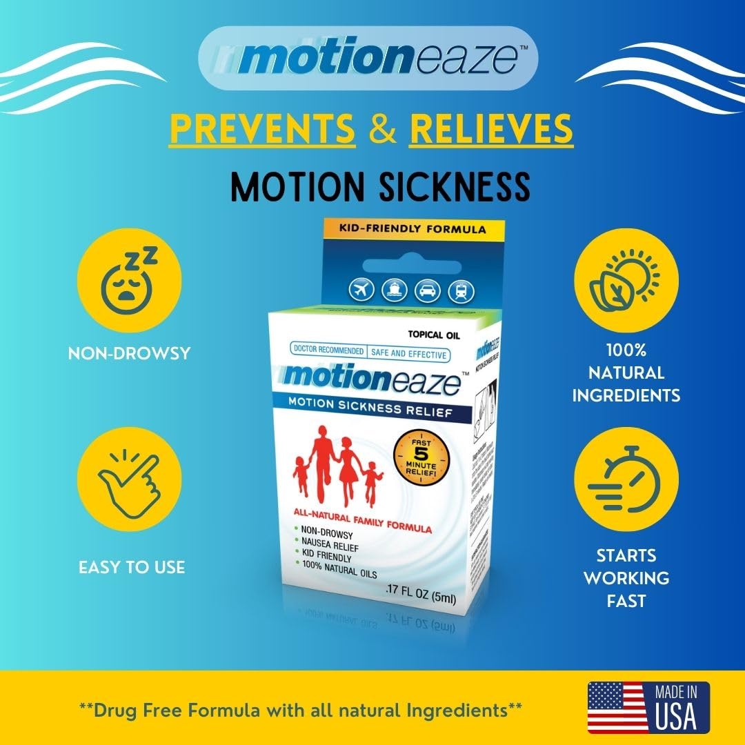MotionEaze Non-Drowsy Motion Sickness Relief - All Natural Drug Free Formula - Made in The USA - 5ml Bottle - Fast Relief for Mo