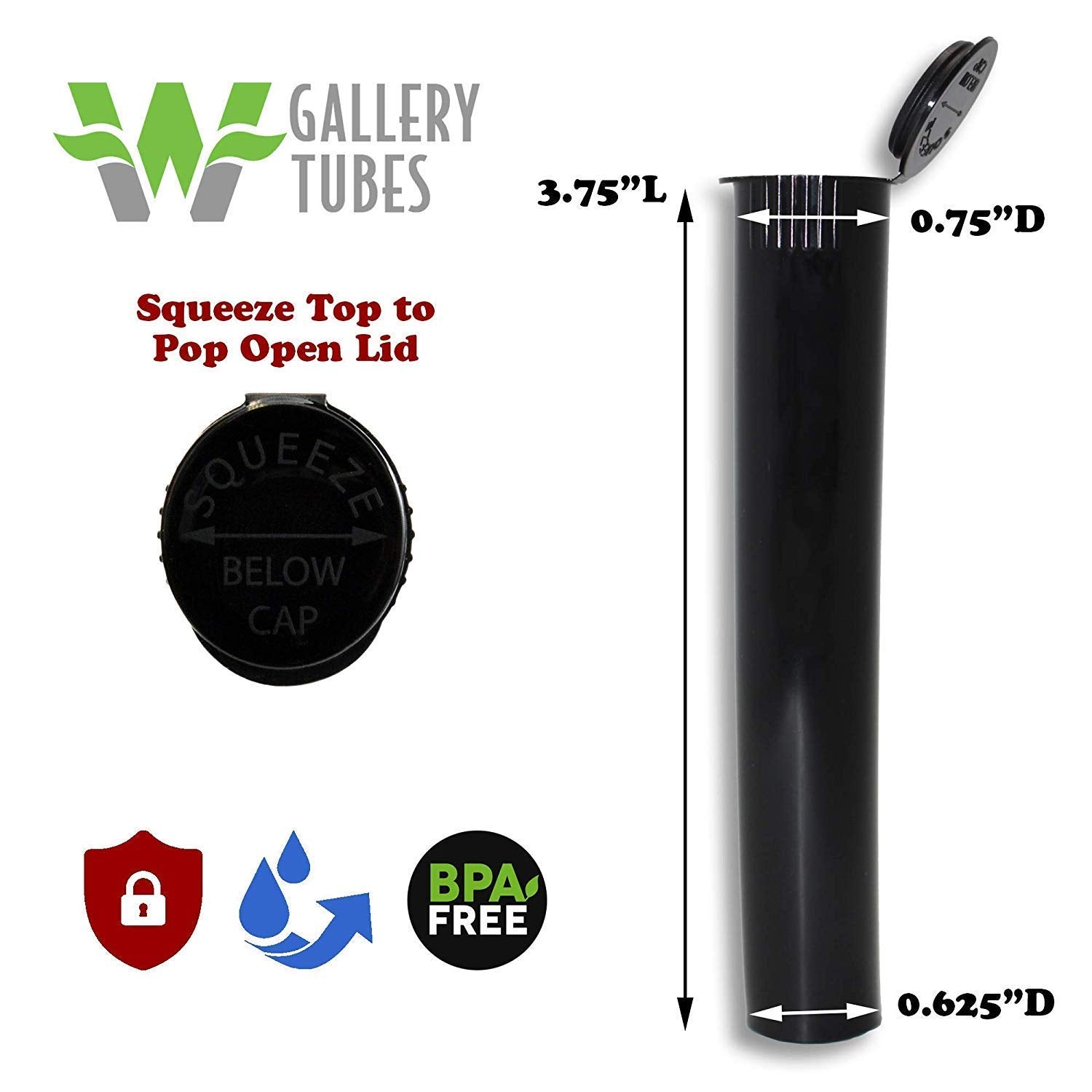 W Gallery 10 Black 98mm Open Cap Pop Top Tubes - Airtight Smell Proof Containers - Plastic Medical Grade Prescription Bottles fo