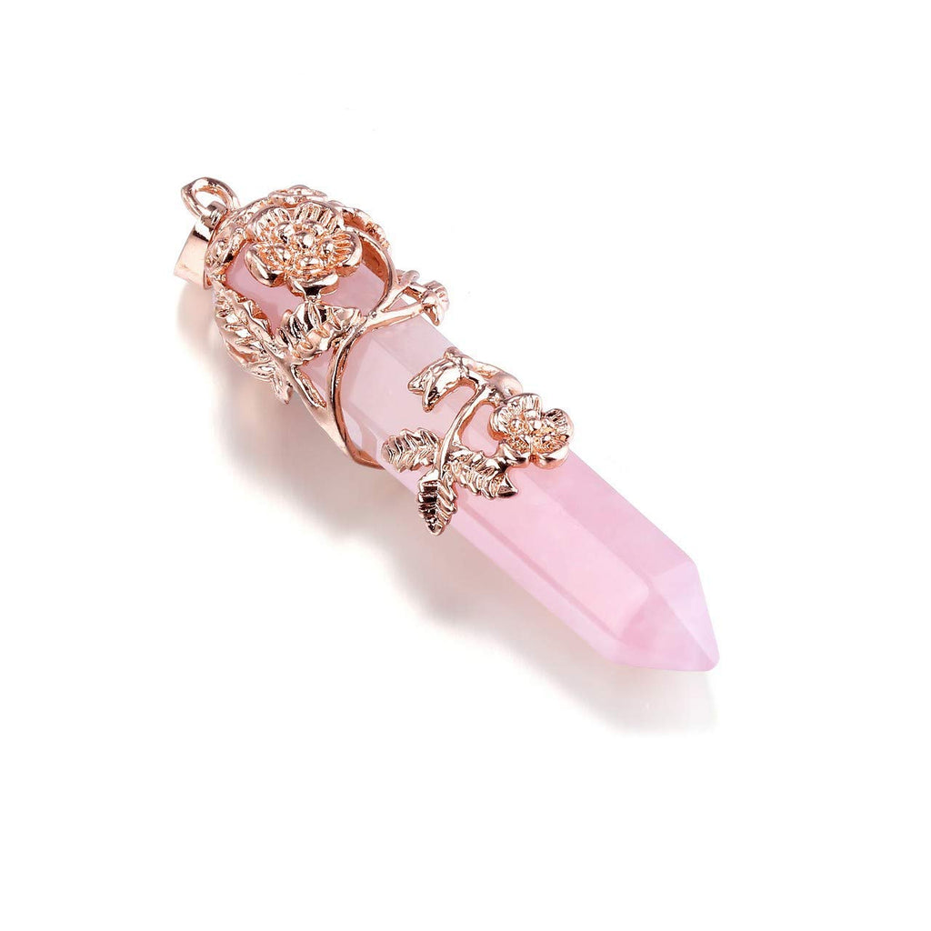 PESOENTH Rose Quartz Crystal Healing Pendant Necklace for Women, Vintage Rose Gold Flower Wrapped Pink Hexagonal Gemstone Healin