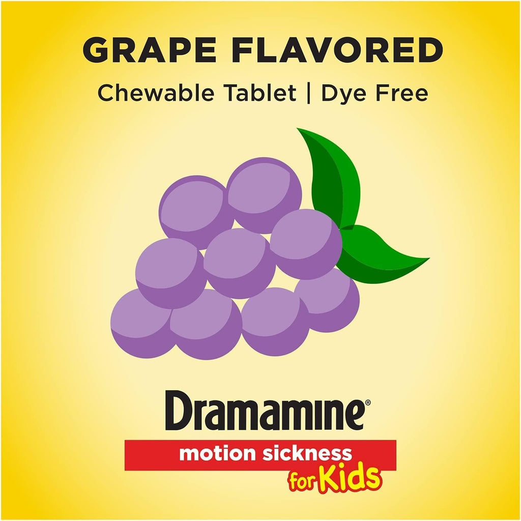 Dramamine Motion Sickness Relief for Kids, Grape Flavor,8 Count (Pack of 2)