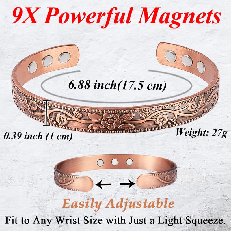 2PCS Copper Bracelets for Women 100% Pure Copper Bracelet Cuff Bangle Strength Magnets Adjustable Copper Magnetic Bracelet with