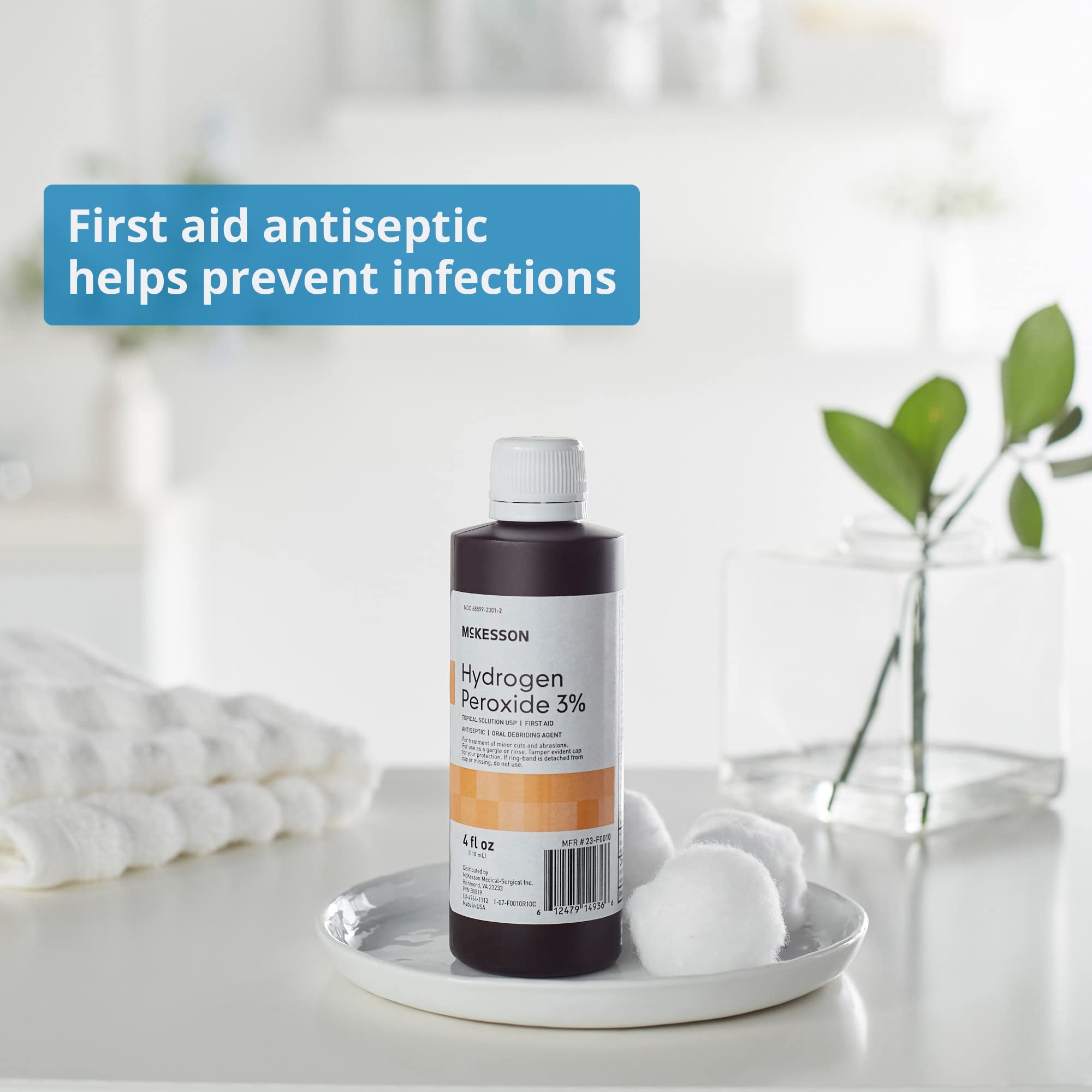 McKesson Hydrogen Peroxide 3%, 4 oz [Pack of 1] Topical Solution USP, First Aid Antiseptic, Oral Debriding Agent