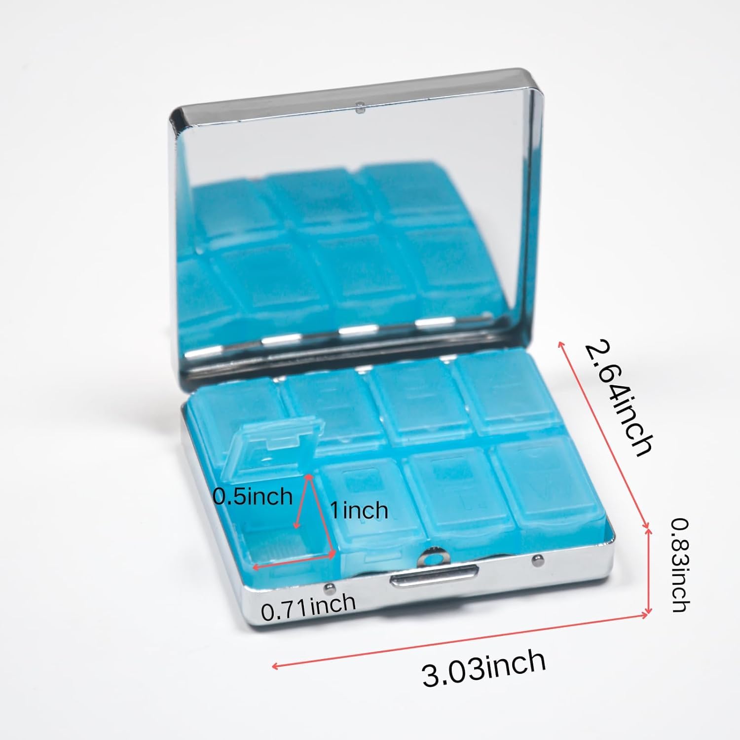 7 Days Chromed Shiny Silver Pill Organizer with Mirror Inside Has 8 Separate Compartments Rectangle Cute Travel Pill Organizer f