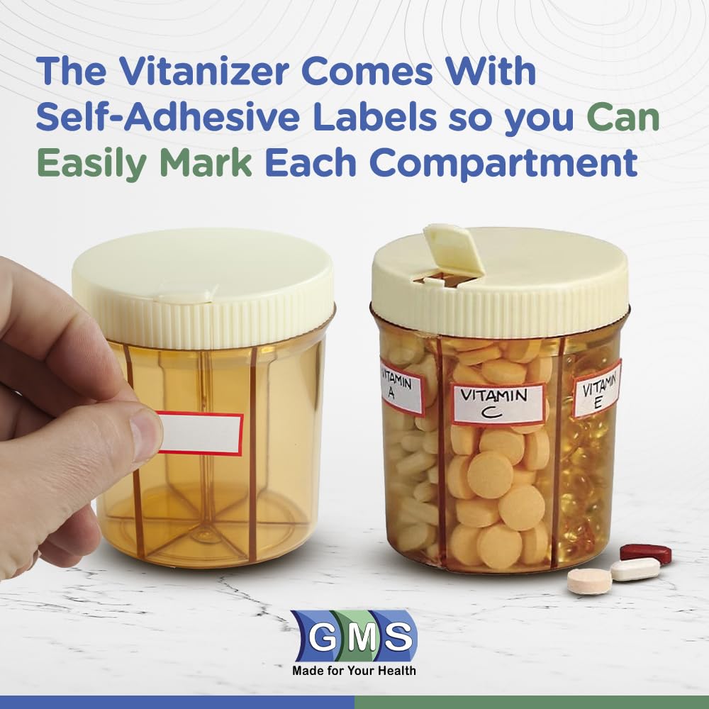 GMS Group Medical Supply, LLC Vitanizer Vitamin & Pill Organizer - 6 Compartment Case with Easy Turn Lid Dispenser - Fits All Si