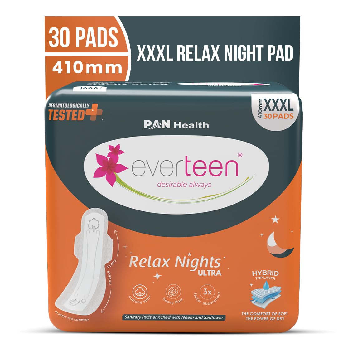 Everteen Relax Night 30 Xxxl Ultra Thin Sanitary Pads For Women, For Super Heavy Flow With Wider Back, Front To Back Coverage, U