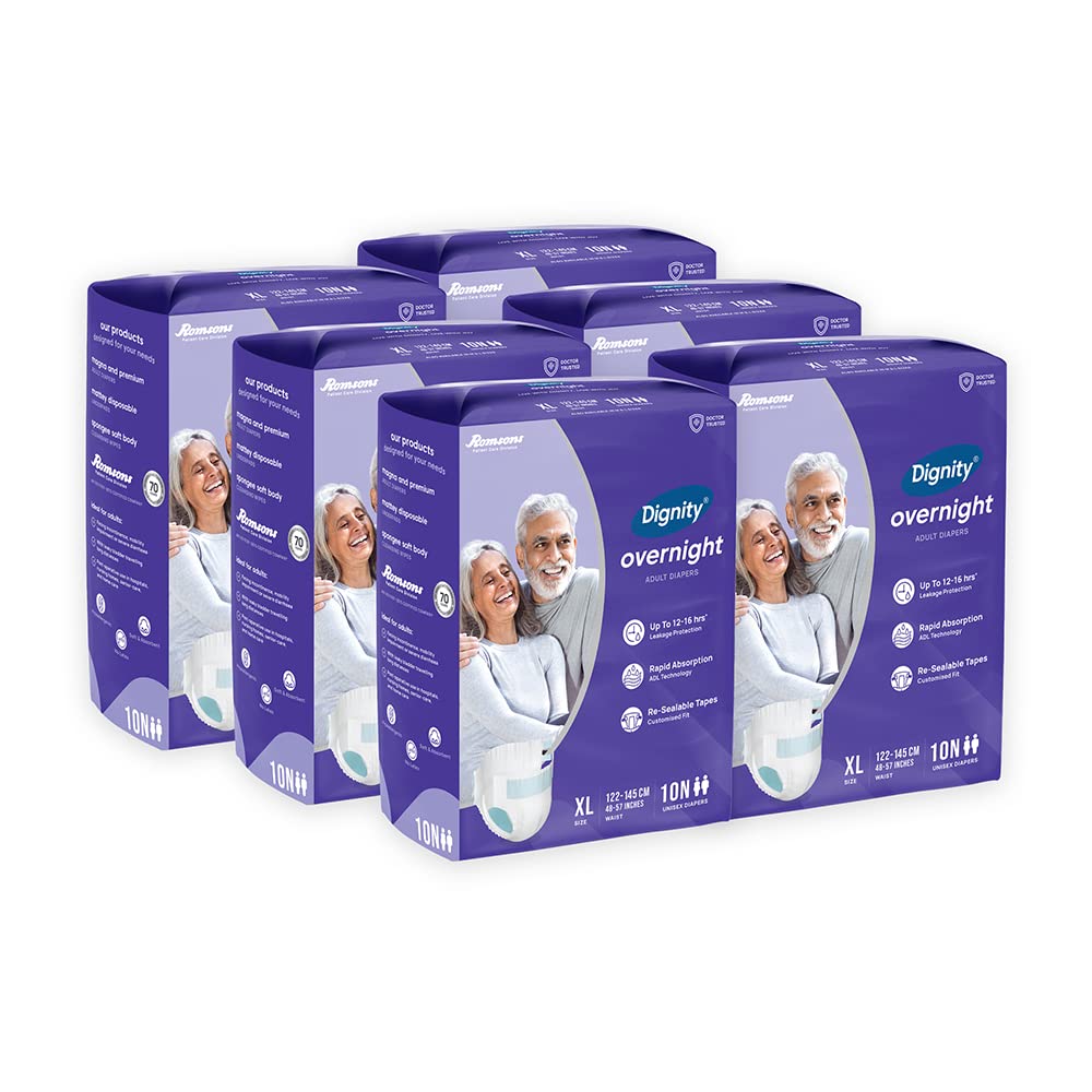 Dignity Overnight Tape Style Adult Diapers  Xl (60 Pieces) With Wetness Indicator And Leakage Protection Upto 1216 Hrs.