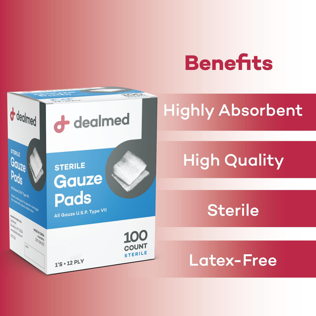Dealmed Sterile Gauze Pads - 100 Count (Case of 24), 2 x 2 Gauze Pads, Disposable and Individually Wrapped Medical Gauze Pads, W