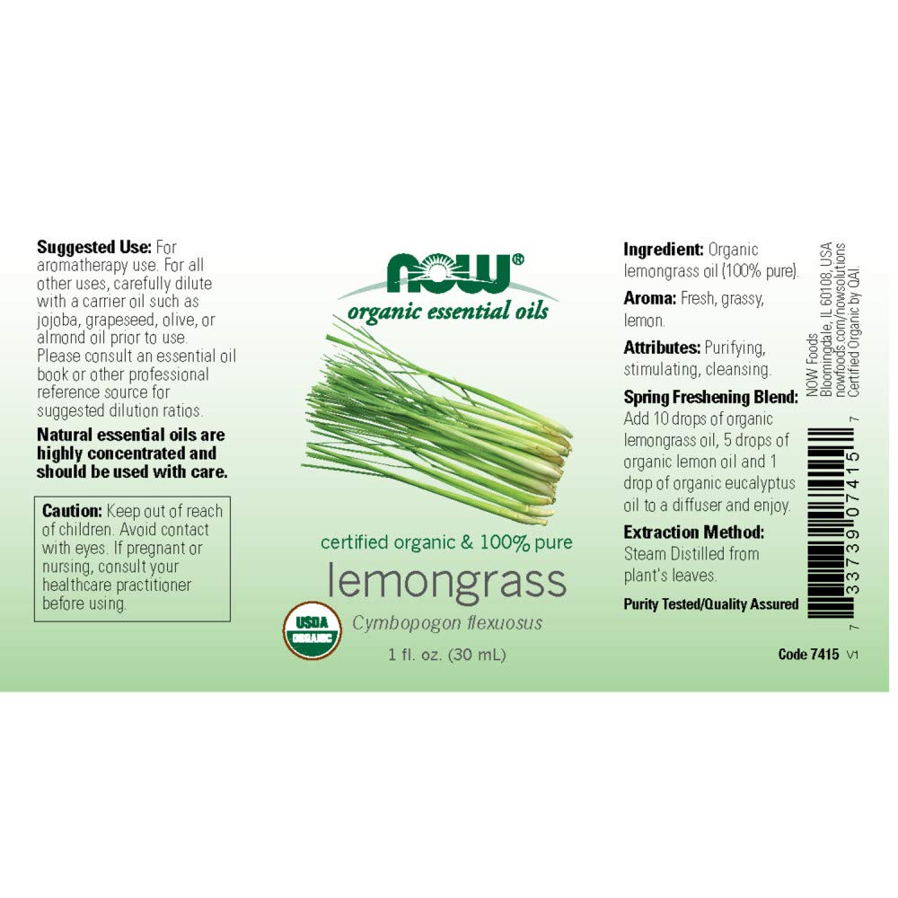 NOW Essential Oils, Organic Lemongrass Oil, Uplifting Aromatherapy Scent, Steam Distilled, 100% Pure, Vegan, Child Resistant Cap