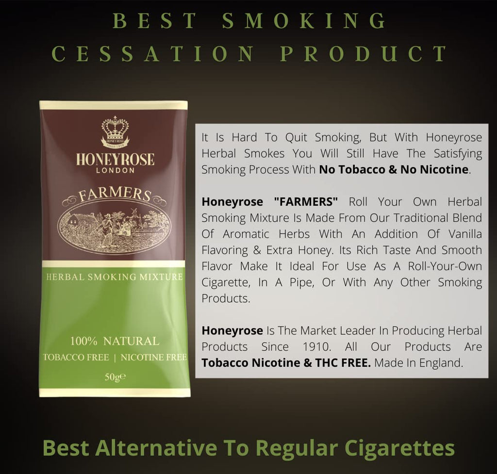 Honeyrose Farmers - Tobacco & Nicotine FREE Smoking Mixture, 1 pouch/30gr/1oz, Made in England