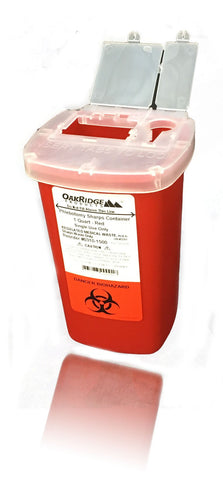 Oakridge Products 1 Quart size Sharps and Needle Container. Integrated needle unwinder