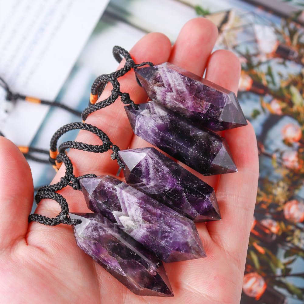 Runyangshi Dream Amethyst Healing Crystal Pendants, Double Pointed Natural Crystal Quartz Necklace 6 Faceted Chakra Crystal Wand