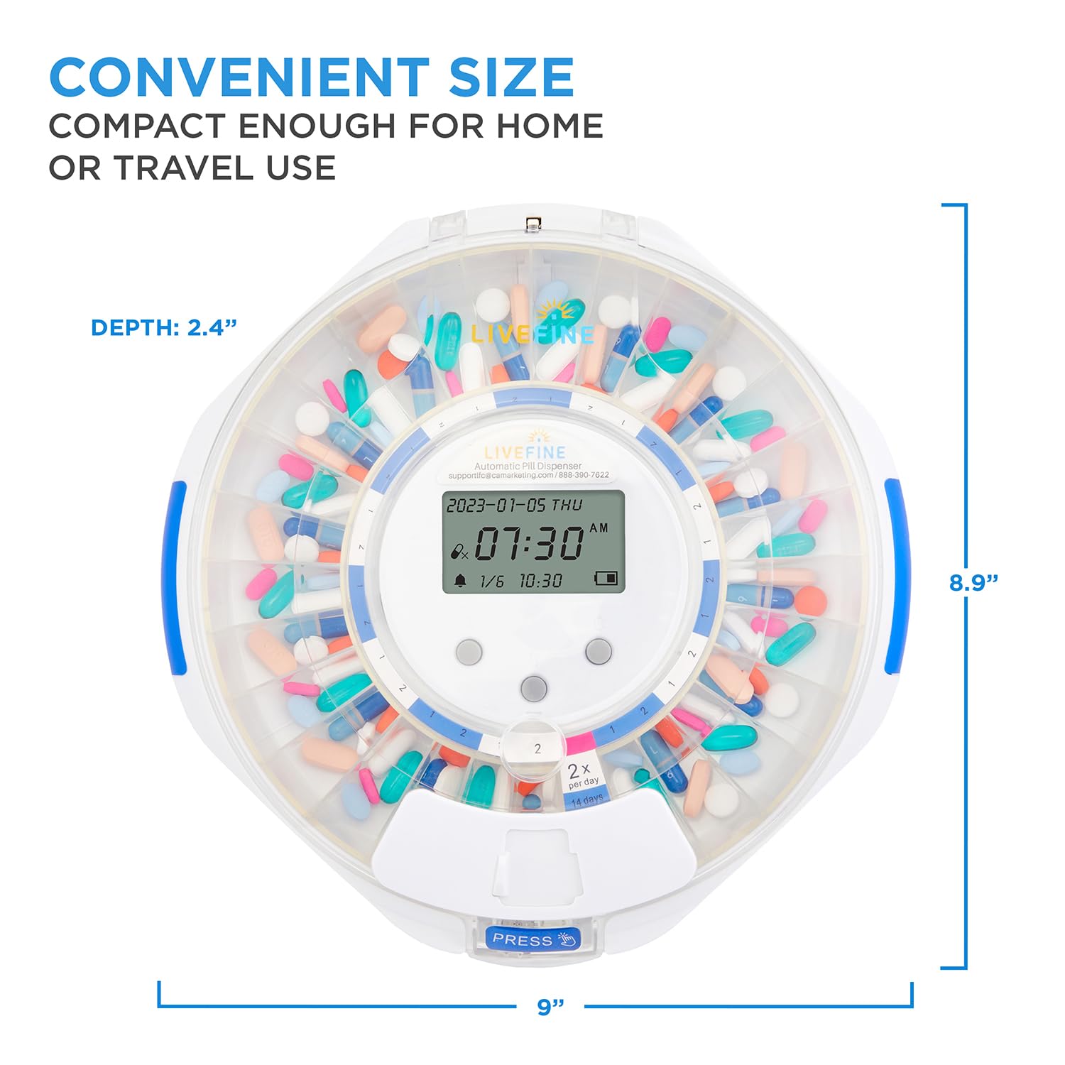 LiveFine Automatic Pill Dispenser with 28-Day Electronic Medication Organizer, 6 Dosage Rings, LCD Display with Sound & Light Al