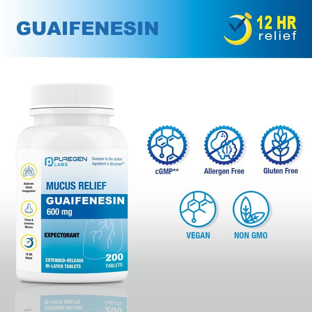 Puregen Labs Mucus Relief 12 Hour Extended Release Guaifenesin 600mg High Potency | Value Size 200 Count | Chest Congestion Expe