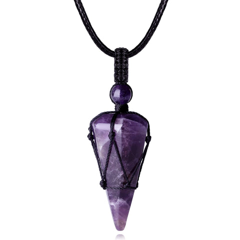 MAIBAOTA Amethyst Crystal Necklaces for Men Women Healing Crystal Stone Pendant Necklace Adjustable Rope Natural Pointed Reiki G