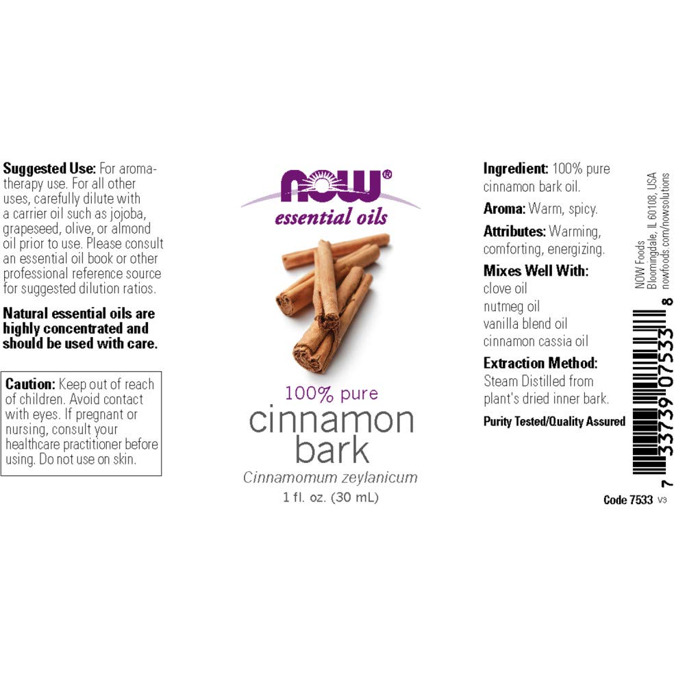 NOW Essential Oils, Cinnamon Bark Oil, Warming Aromatherapy Scent, Steam Distilled, 100% Pure, Vegan, Child Resistant Cap, 1-Oun