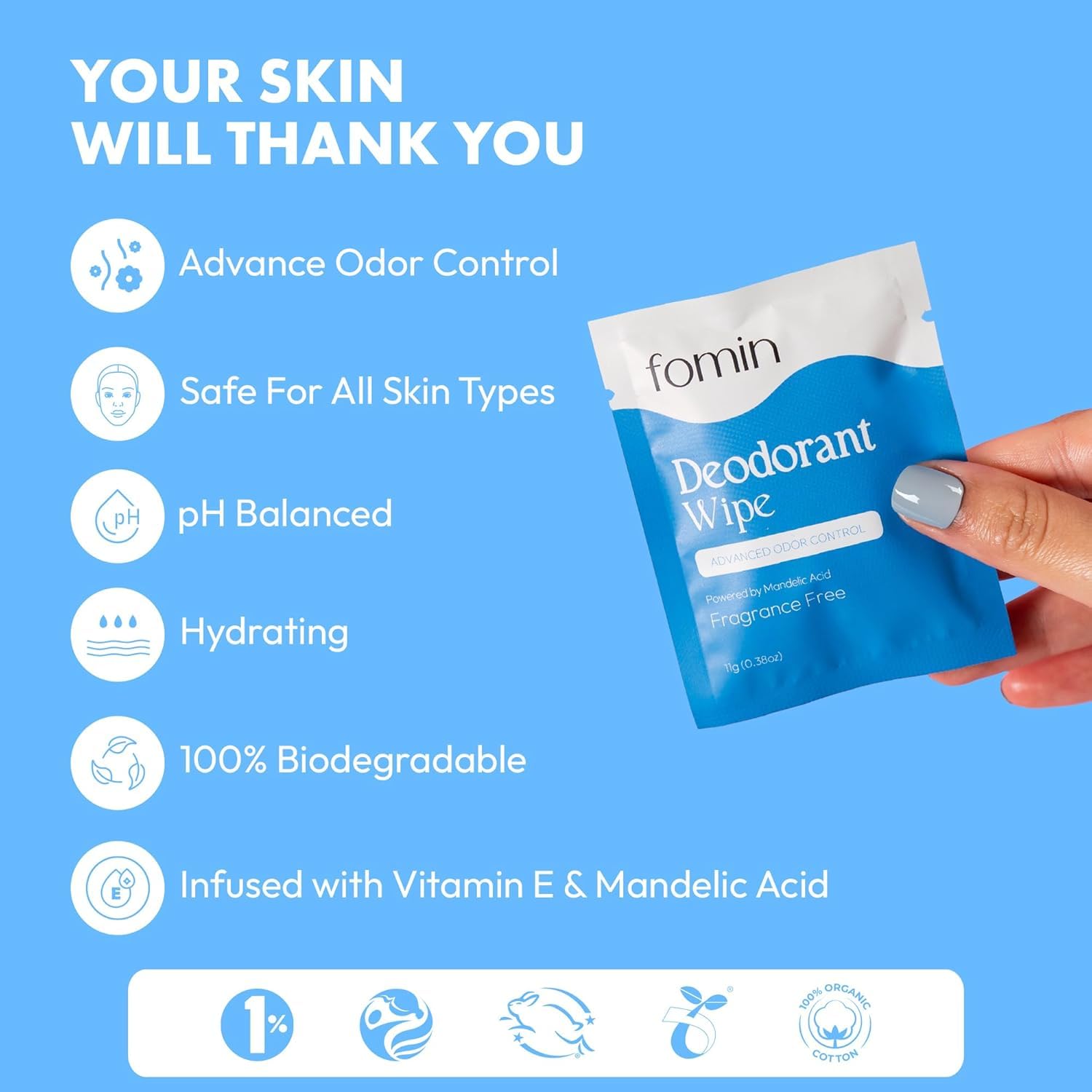 FOMIN Acidified Travel Deodorant Wipes For Women & Men - 50 Count - Fragrance Free - pH Balanced, Mini Deodorant Travel Size Wip