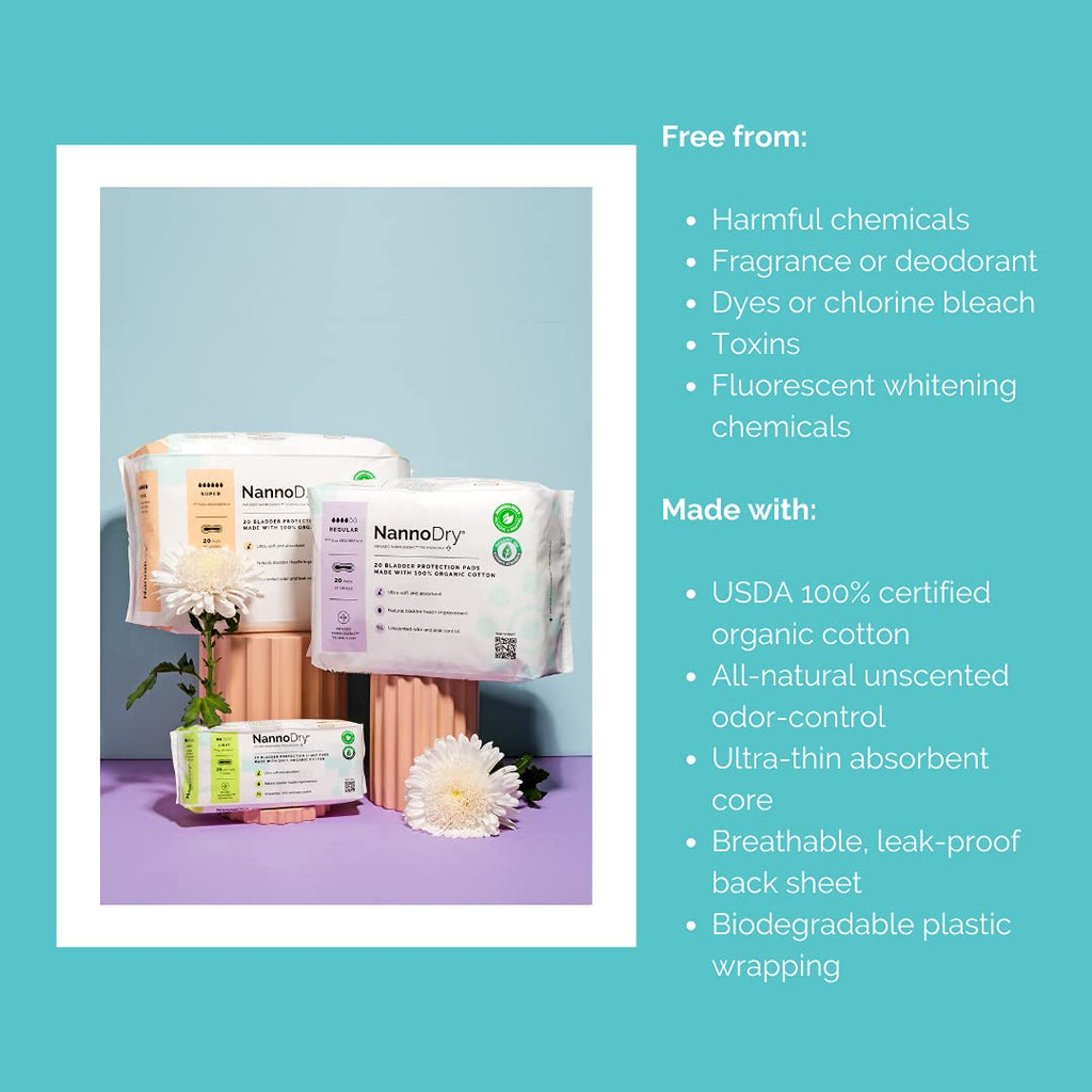 NannoDry Natural Incontinence Pads - Organic Cotton Bladder Leakage Pads - Cotton Pads for Incontinent Adults - Nannocare Super