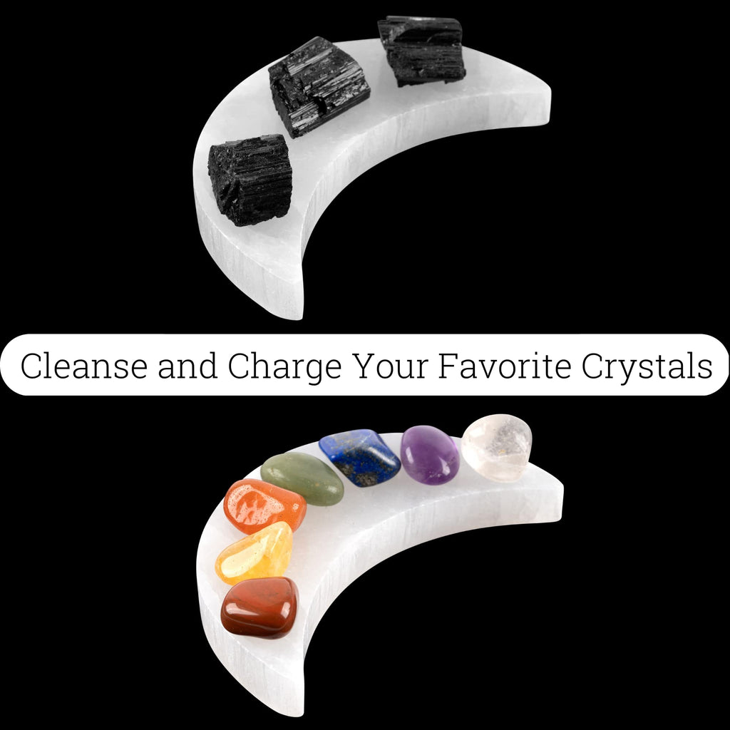 Selenite Charging Plate - 4 Moon Selenite Crystal - Mined and Crafted in Morocco - Ideal for Cleansing and Recharging Crystals a