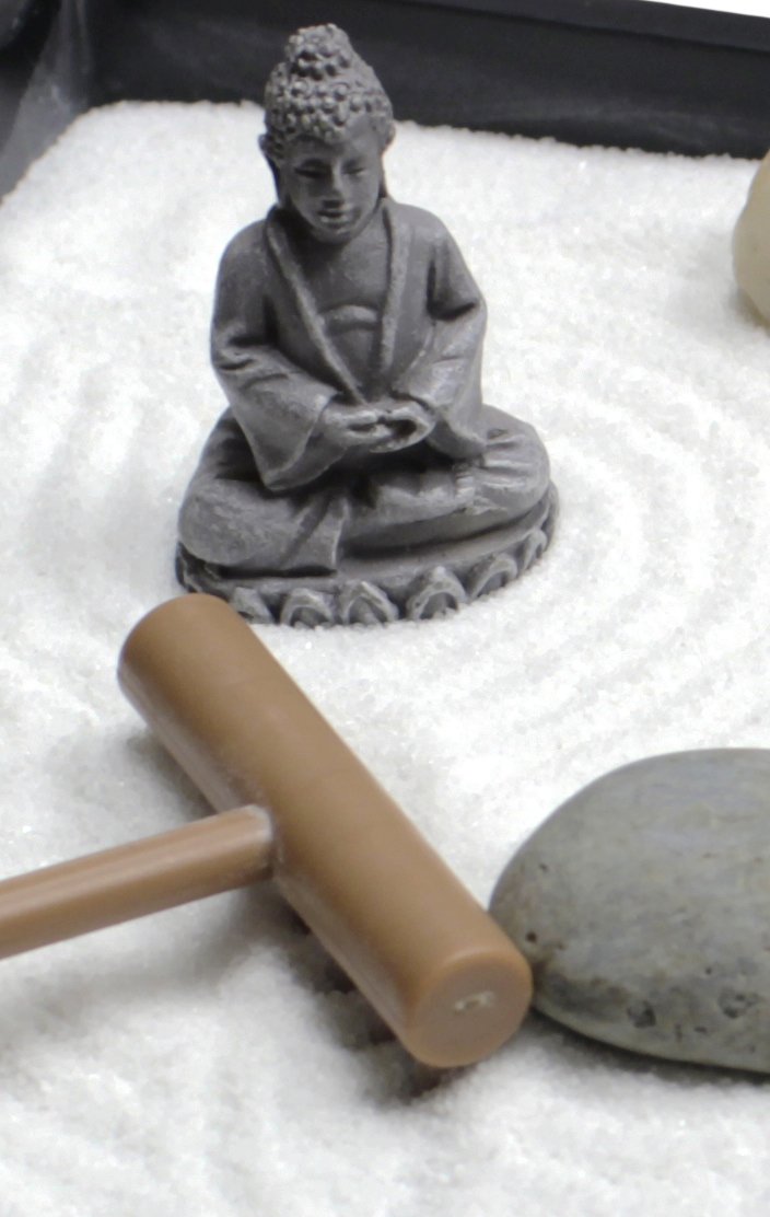 Natures Mark Mini Zen Garden Kit for Desk with Rake, White Sand, Buddha Figures, Bridge Figure and River Rocks, Black Rectangle