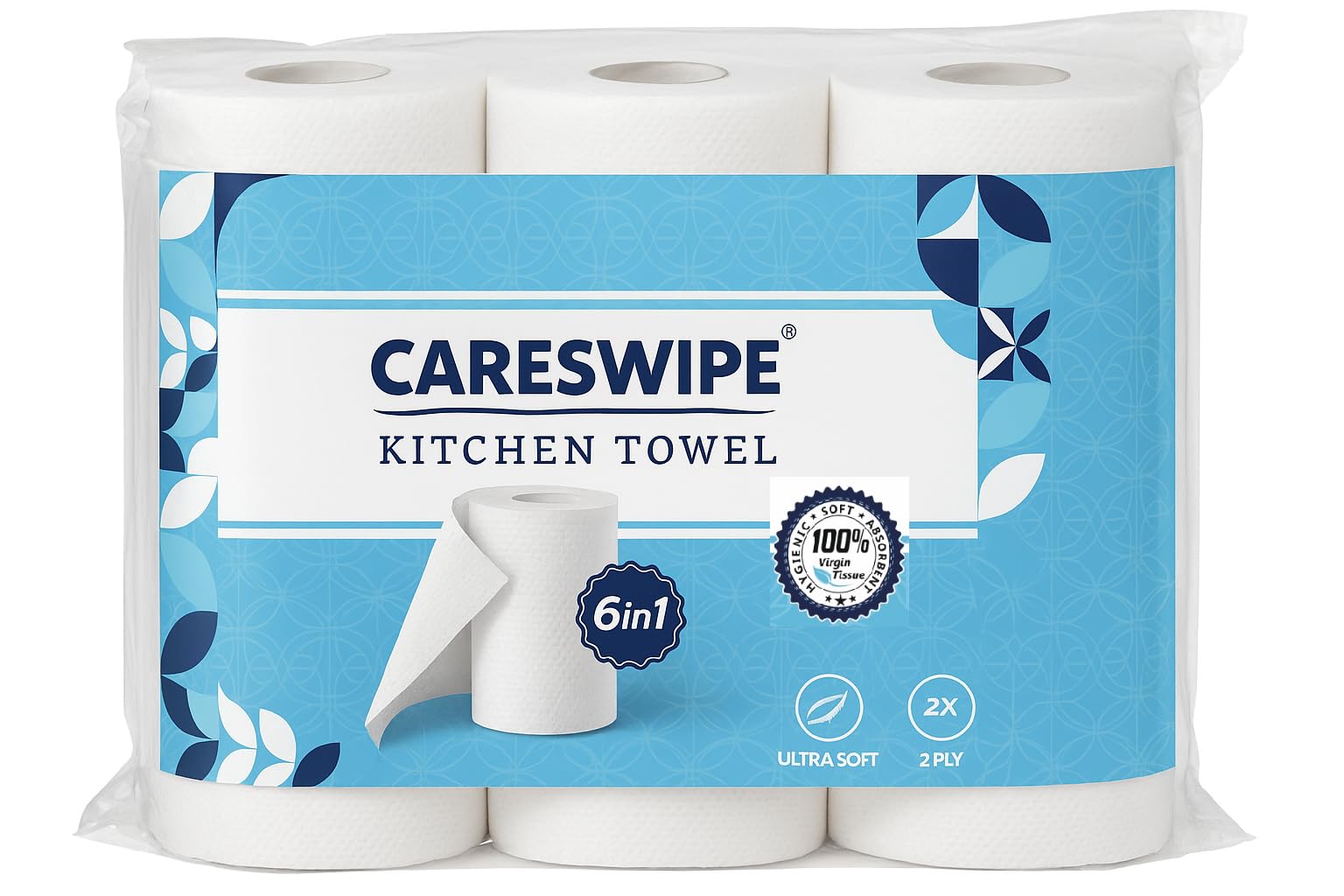 Careswipe Kitchen Tissue Paper Roll  2 Ply Tissue Paper Roll, 360 Pulls, 6 Rolls X 60 Sheets, Soft & Absorbent Virgin Cellulose