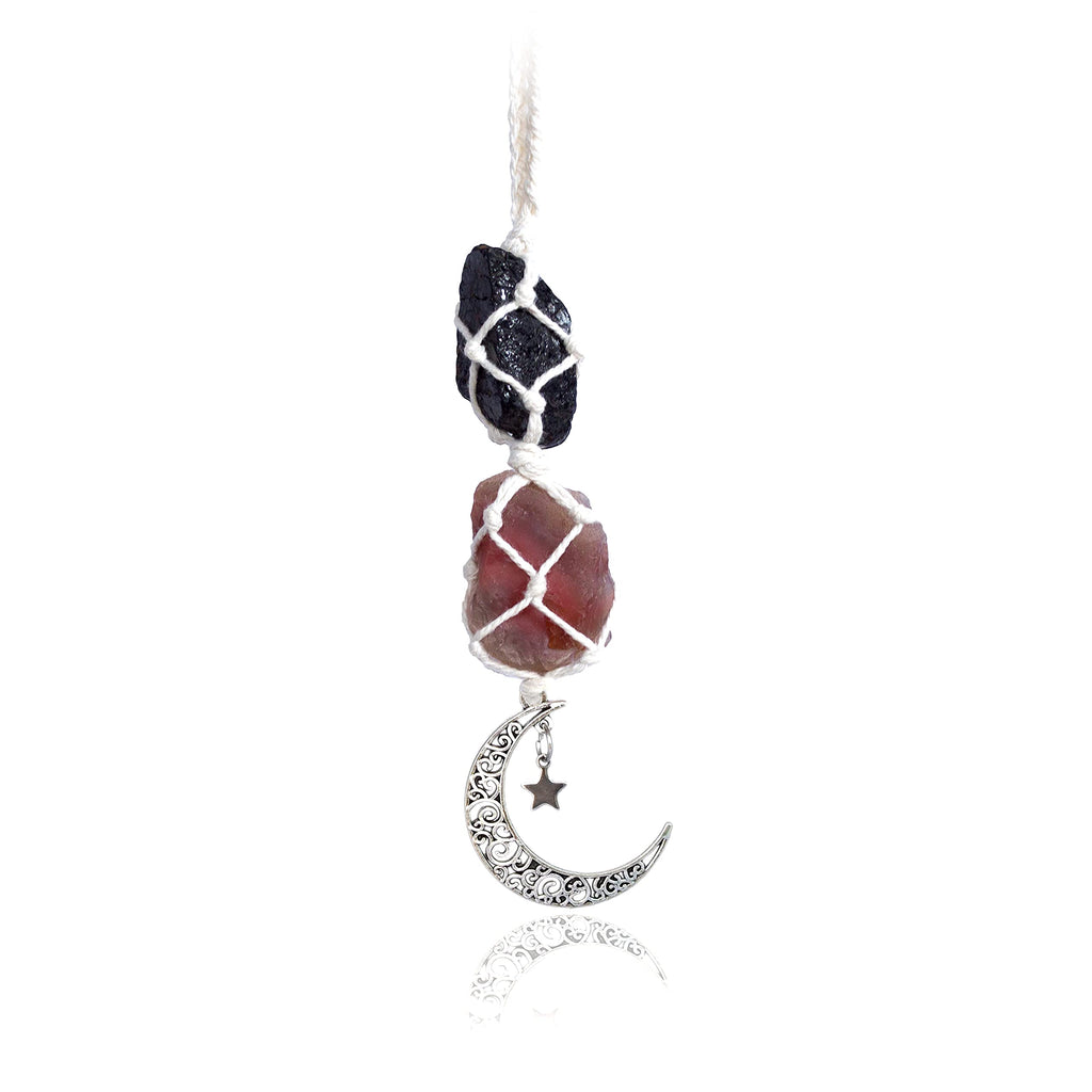 BOHO GARDEN Hanging Car Charm - Black Tourmaline & Carnelian - Dangling Moon, Healing Crystal Accessories, Rearview Mirror Decor