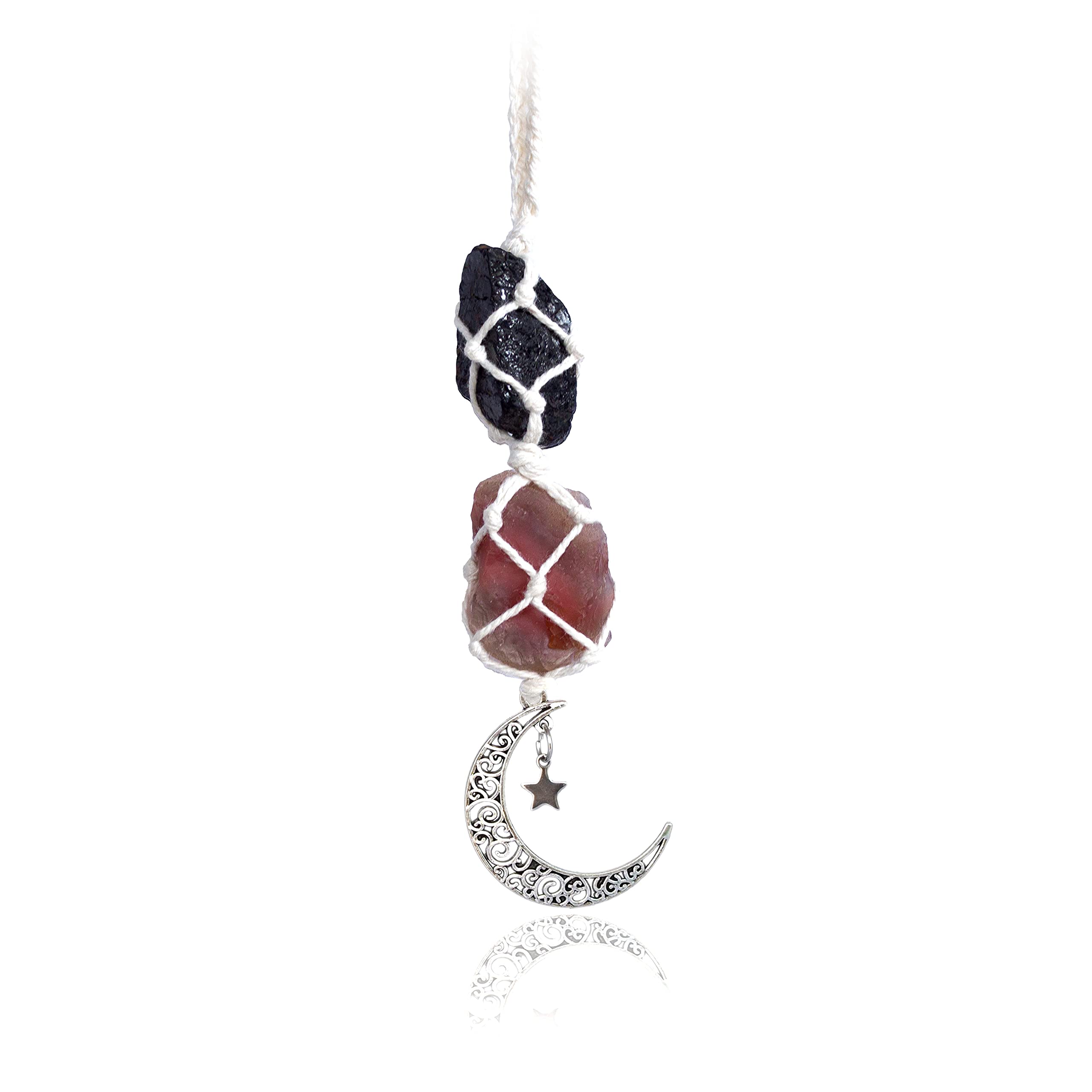 BOHO GARDEN Hanging Car Charm - Black Tourmaline & Carnelian - Dangling Moon, Healing Crystal Accessories, Rearview Mirror Decor