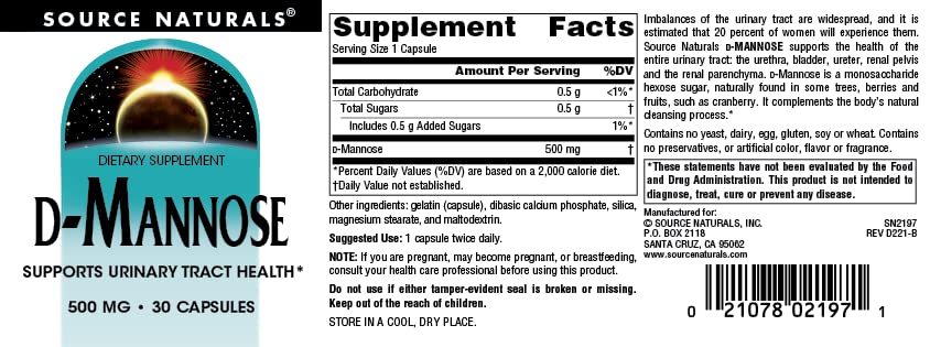 Source Naturals D-Mannose, Potent Urinary Tract & Bladder Health Support*, 500mg - 30 Capsules