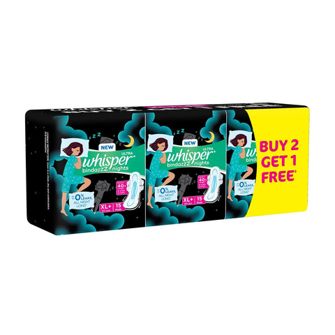 Whisper Ultra Night Sanitary Pads for Women, XL+ 15 (Pack of 3) Napkins