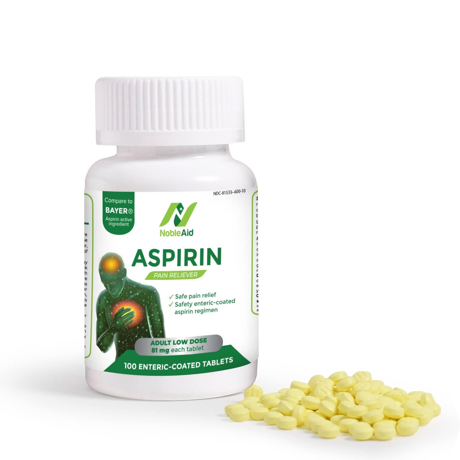 Pure Low Dose Baby Aspirin 81mg for Adults, 100 Count Enteric Coated Aspirin Tablets for Men and Women, Safe Relief for Symtoms 