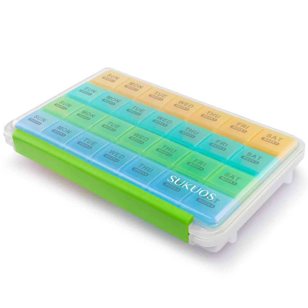 Sukuos Monthly Pill Organizer 28 Day Easy to Open, Large Moisture-Resistant Pill Box Cases with Dust-Proof Box and Clear Lid for