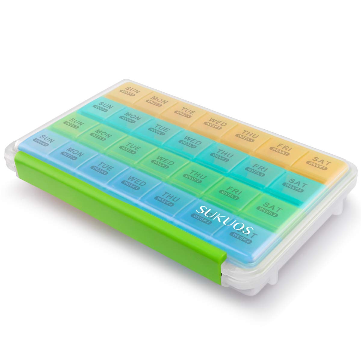 Sukuos Monthly Pill Organizer 28 Day Easy to Open, Large Moisture-Resistant Pill Box Cases with Dust-Proof Box and Clear Lid for