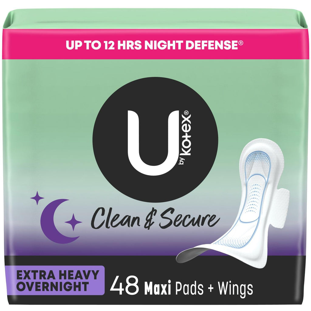 U by Kotex Clean & Secure Overnight Maxi Pads with Wings, Extra Heavy Absorbency, 48 Count (2 Packs of 24) (Packaging May Vary)