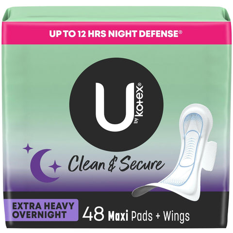 U by Kotex Clean & Secure Overnight Maxi Pads with Wings, Extra Heavy Absorbency, 48 Count (2 Packs of 24) (Packaging May Vary)