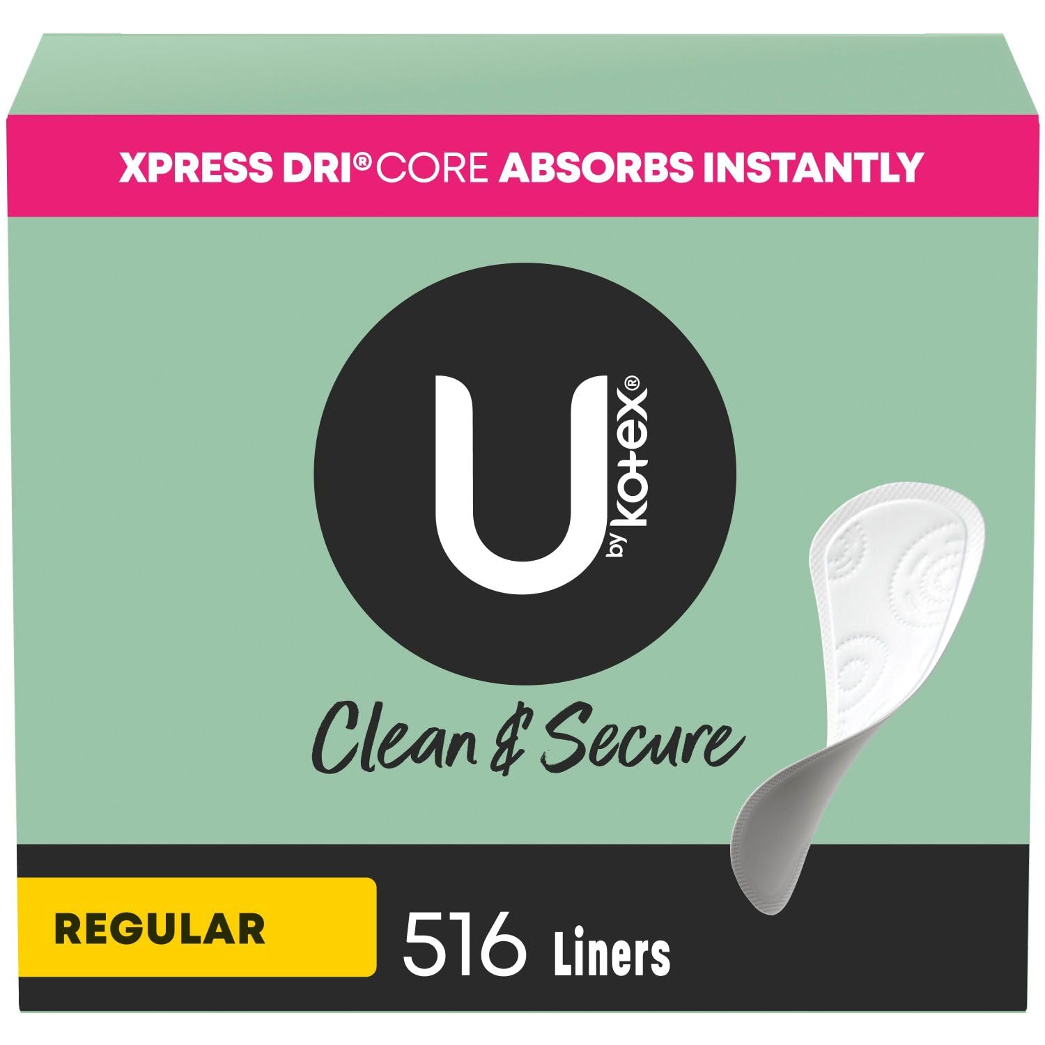U by Kotex Clean & Secure Panty Liners, Light Absorbency, Regular Length, 516 Count (4 Packs of 129) (Packaging May Vary)