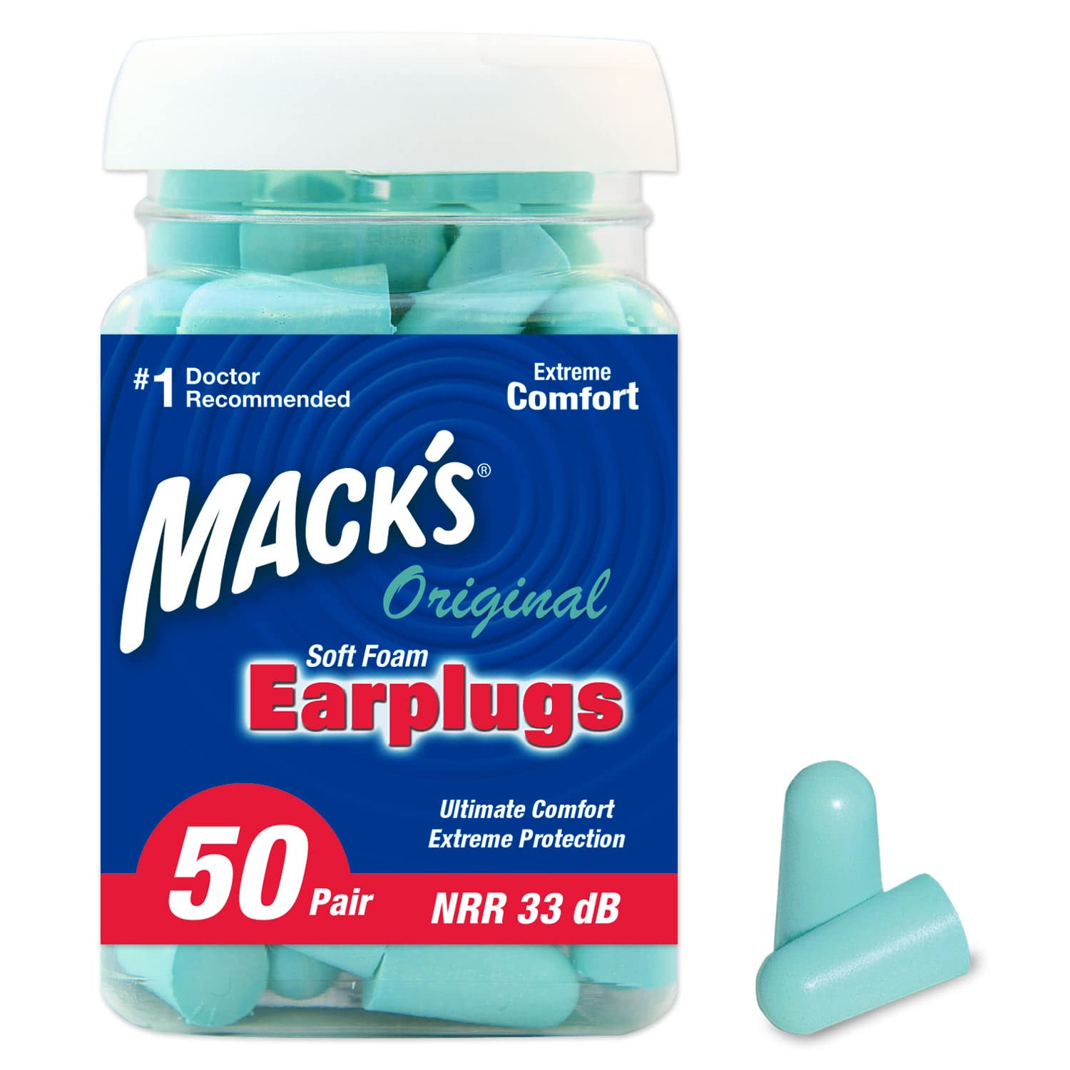 Macks Original Soft Foam Earplugs, 50 Pair - 33dB Highest NRR, Comfortable Ear Plugs for Sleeping, Snoring, Work, Travel & Loud