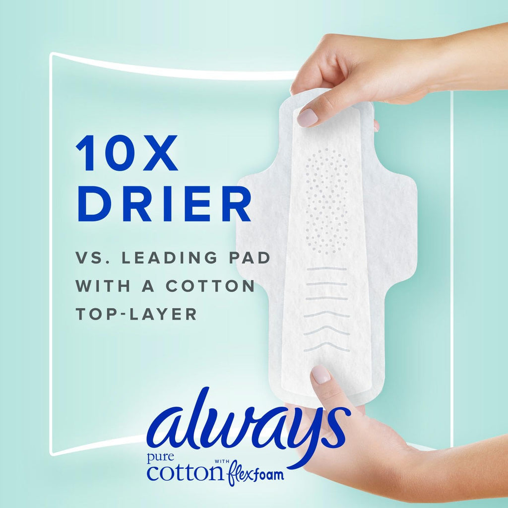 Always Pure Cotton, Feminine Pads For Women, Size 2 Heavy Flow Absorbency, Multipack, With Flexfoam, With Wings, Unscented, 24 C