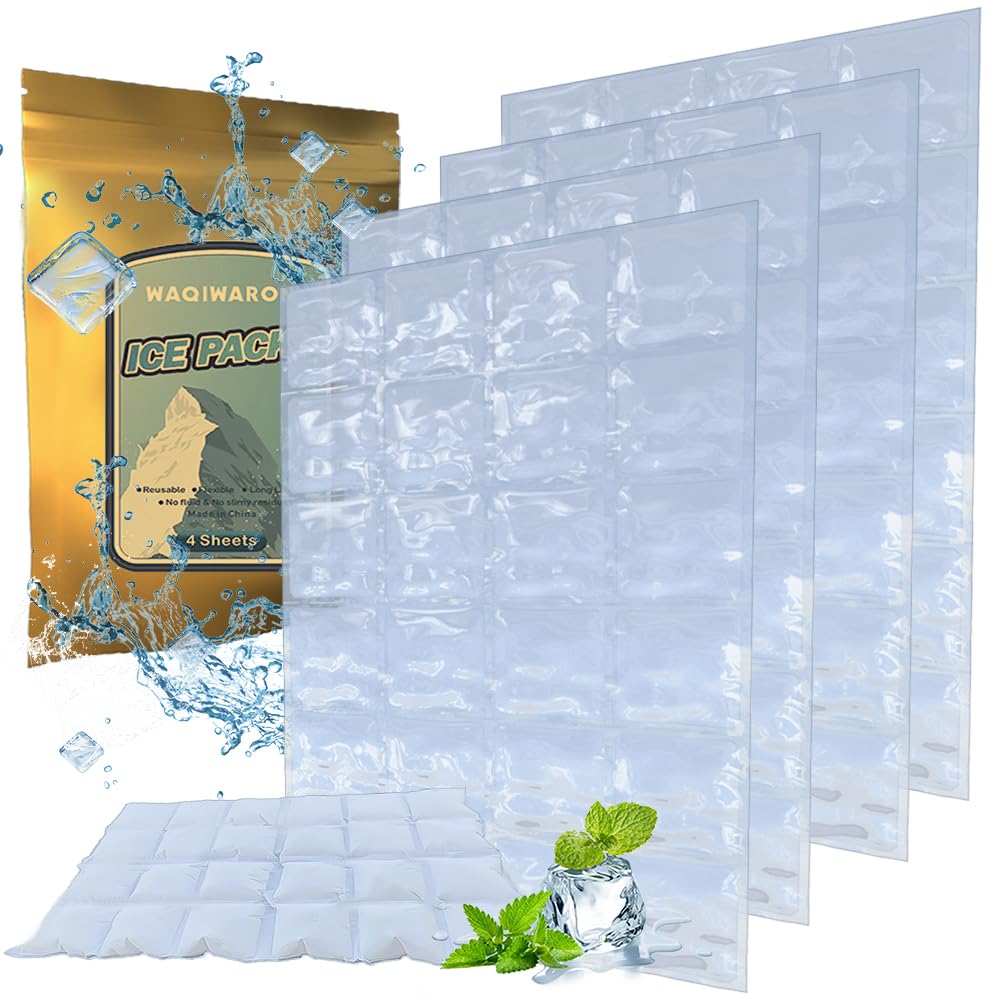 WAQIWARON Ice Sheets for Coolers Reusable - Ice Pack Sheets - 4 Large Flat Freezer Packs for Coolers - 96 Cube Ice Packs for Fle