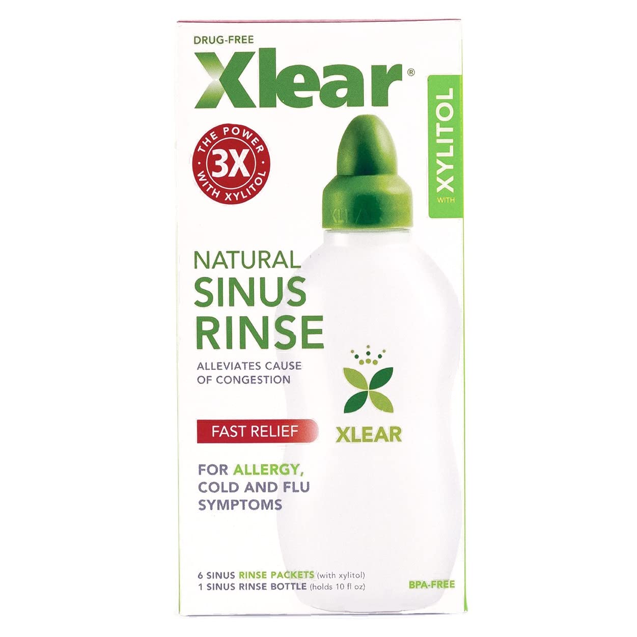 Xlear Nasal Rinse System with Xylitol, Natural Saline Neti Pot Sinus Rinse with Xylitol, Fast Sinus Pressure and Congestion Reli