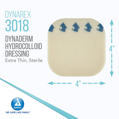 Dynarex DynaDerm Hydrocolloid Dressings, Sterile Moist Bandages Used for All Kinds of Wounds, 4'' x 4'', X-Thin & Latex-Free, Pe