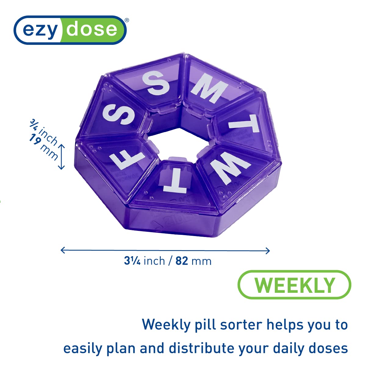 EZY DOSE Weekly Pill Organizer, Medicine Box, and Vitamin Planner, Travel Pill Planner, Portable Storage, 7-Sided, Purple, BPA F